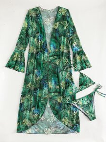 Tropical Print Halter Triangle Bikini With Kimono For Summer Beach Vacation - Multicolor - View 4