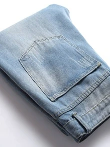 ROMWE MEN Guys Tape Side Ripped Jeans - Light Wash - View 3