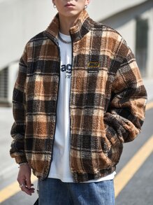 Manfinity Men Plaid Print Drop Shoulder Patch Detail Teddy Jacket - Multicolor - View 1