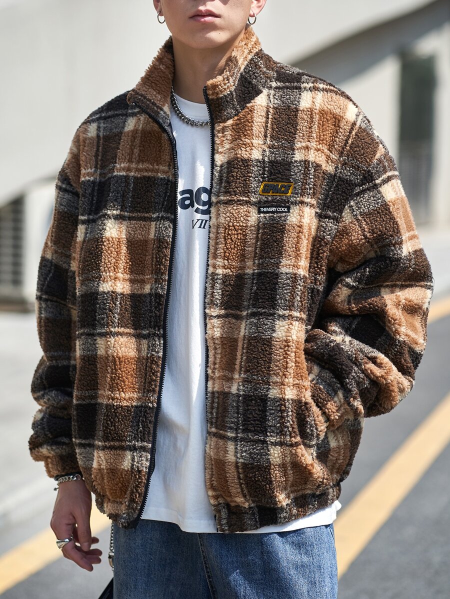 Manfinity Men Plaid Print Drop Shoulder Patch Detail Teddy Jacket - Multicolor - View 1