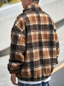 Manfinity Men Plaid Print Drop Shoulder Patch Detail Teddy Jacket - Multicolor - View 2