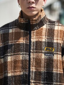 Manfinity Men Plaid Print Drop Shoulder Patch Detail Teddy Jacket - Multicolor - View 4