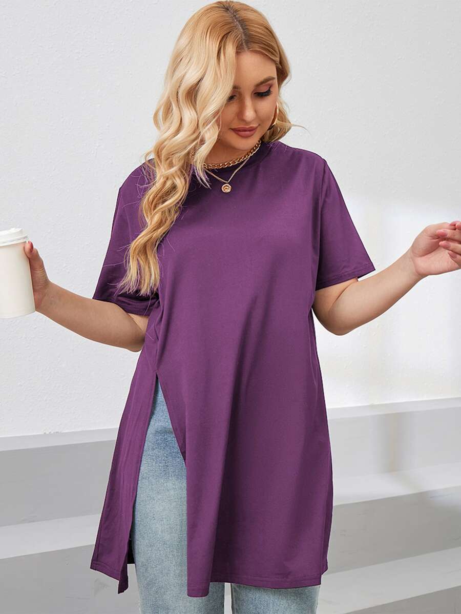 SHEIN LUNE Áo thun Plus size Chia màu trơn Giải trí - Màu tím - Xem 1
