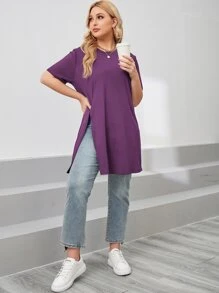 SHEIN LUNE Áo thun Plus size Chia màu trơn Giải trí - Màu tím - Xem 3