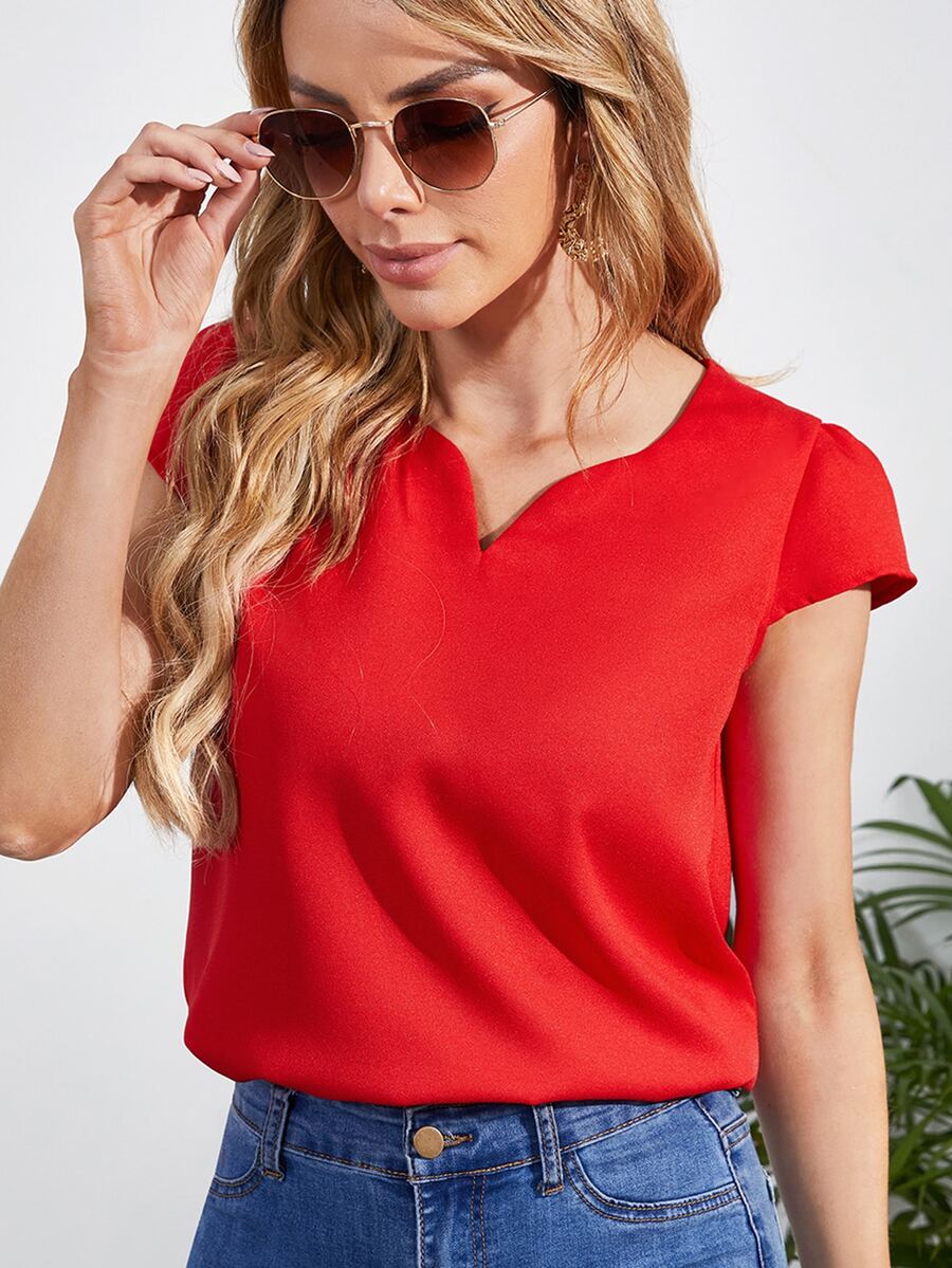 SHEIN Clasi Solid Cap Sleeve Blouse - Red - View 1
