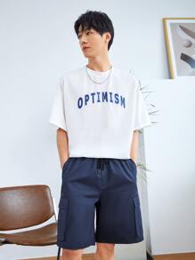Manfinity Loose Fit Men's Letter Graphic Drop Shoulder T-Shirt & Flap Pocket Drawstring Shorts - Blue and White - View 3