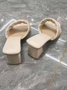 Minimalist Ruched Detail Chunky Heeled Mules - Beige - View 2