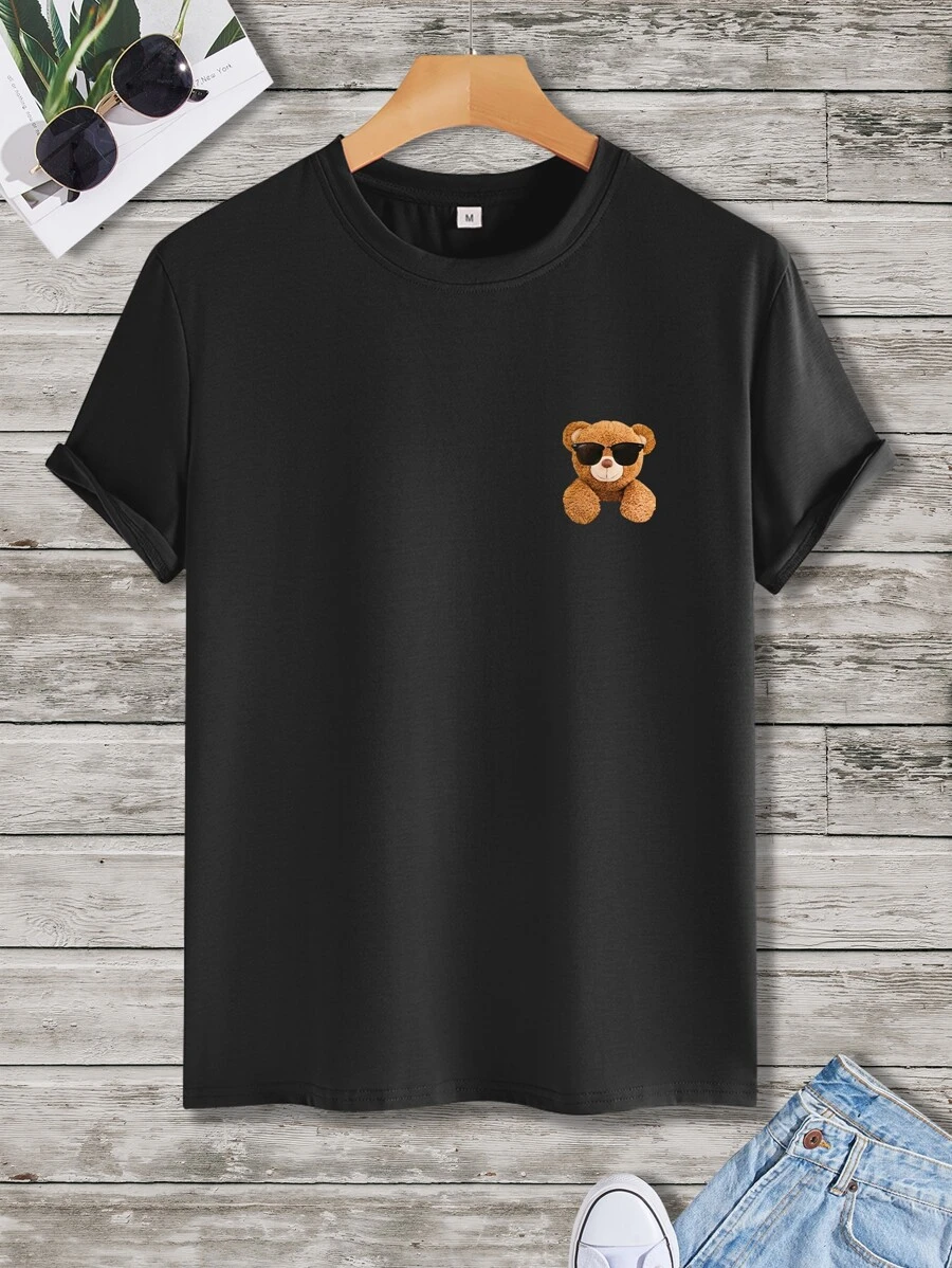 Manfinity Hypemode Hombres Camiseta con estampado de oso - Negro - Ver 1