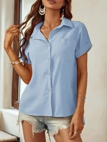 SHEIN LUNE 補丁貼口袋蝙蝠袖襯衫 - 淺藍色 - 查看 3