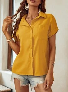 SHEIN LUNE 補丁貼口袋蝙蝠袖襯衫 - 黃色 - 查看 3