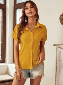SHEIN LUNE 補丁貼口袋蝙蝠袖襯衫 - 黃色 - 查看 4