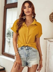 SHEIN LUNE 補丁貼口袋蝙蝠袖襯衫 - 黃色 - 查看 5
