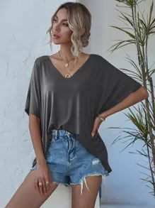 SHEIN LUNE Space Dye V-neck Batwing Sleeve Tee - Dark Grey - View 1