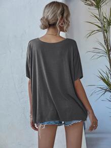 SHEIN LUNE Space Dye V-neck Batwing Sleeve Tee - Dark Grey - View 2