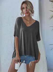 SHEIN LUNE Space Dye V-neck Batwing Sleeve Tee - Dark Grey - View 3