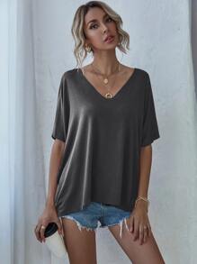 SHEIN LUNE Space Dye V-neck Batwing Sleeve Tee - Dark Grey - View 4