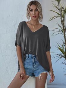 SHEIN LUNE Space Dye V-neck Batwing Sleeve Tee - Dark Grey - View 5