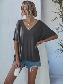 SHEIN LUNE Space Dye V-neck Batwing Sleeve Tee - Dark Grey - View 6