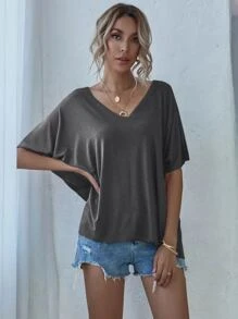 SHEIN LUNE Space Dye V-neck Batwing Sleeve Tee - Dark Grey - View 7