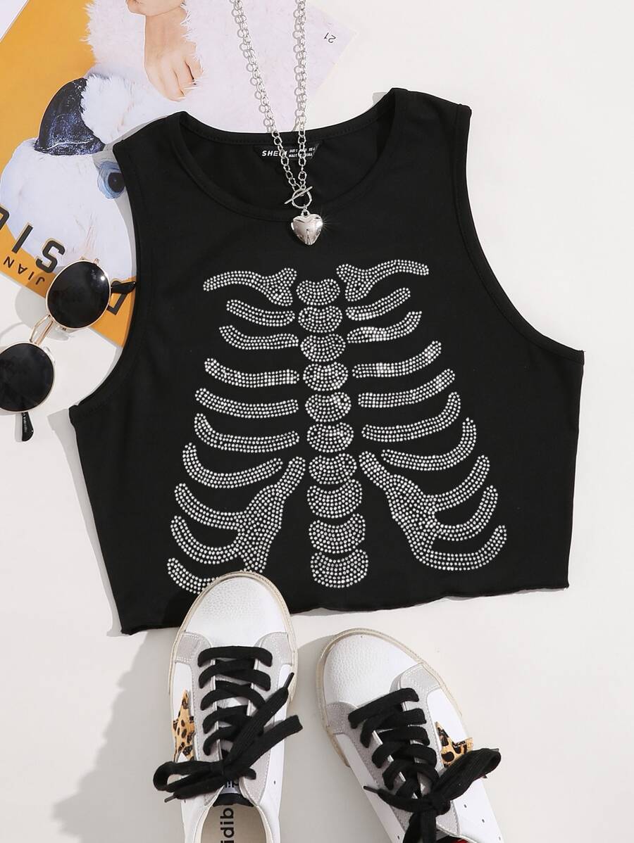 SHEIN Unity Top tank con diamante de imitación con patrón de esqueleto - Negro - Ver 1