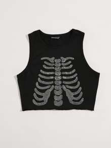 SHEIN Unity Top tank con diamante de imitación con patrón de esqueleto - Negro - Ver 3