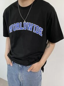 DAZY Men Cotton Letter Graphic Slit Hem Tee - Black - View 1