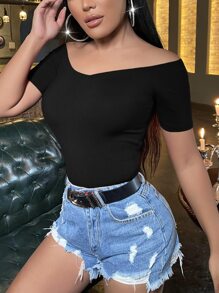 SHEIN SXY Off Shoulder Rib-knit Tee - Black - View 5