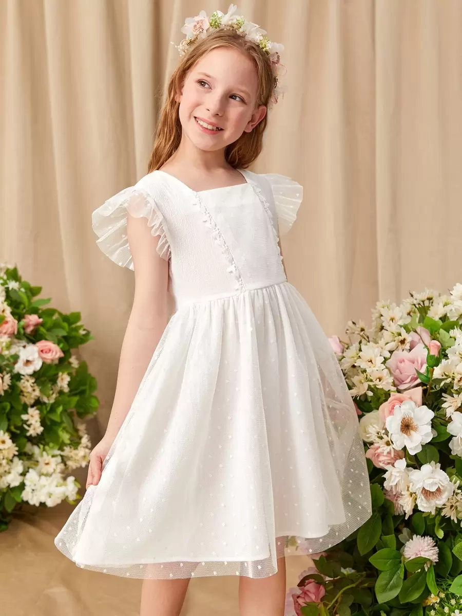 SHEIN Chica preadolescente Vestido de fiesta con diseño de encaje de manga con volante de malla - Blanco - Ver 1