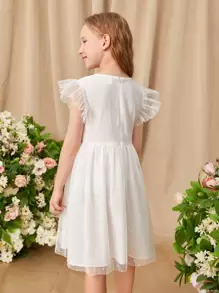 SHEIN Chica preadolescente Vestido de fiesta con diseño de encaje de manga con volante de malla - Blanco - Ver 2