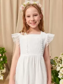 SHEIN Chica preadolescente Vestido de fiesta con diseño de encaje de manga con volante de malla - Blanco - Ver 3