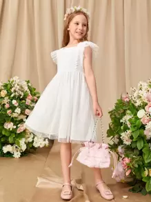 SHEIN Chica preadolescente Vestido de fiesta con diseño de encaje de manga con volante de malla - Blanco - Ver 6