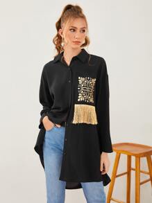 Mulvari Áo sơ mi nữ mép Cao thấp Nút phía trước Hoa Giải trí - màu đen - Xem 2