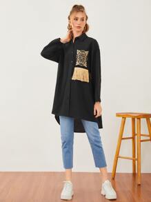 Mulvari Áo sơ mi nữ mép Cao thấp Nút phía trước Hoa Giải trí - màu đen - Xem 5