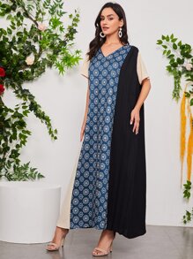 Al Najma Floral Print Colorblock Tunic Dress - Multicolor - View 4