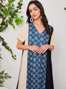 Al Najma Floral Print Colorblock Tunic Dress - Multicolor - View 5