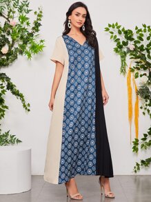 Al Najma Floral Print Colorblock Tunic Dress - Multicolor - View 1