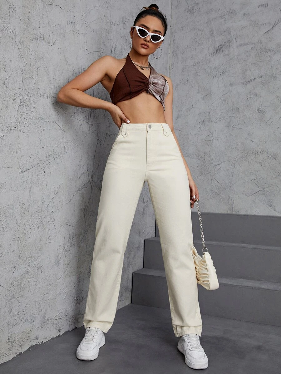 SHEIN EZwear Quần nữ Túi màu trơn Giải trí - Màu be - Xem 1