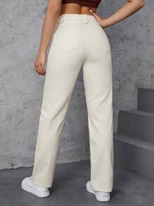 SHEIN EZwear Quần nữ Túi màu trơn Giải trí - Màu be - Xem 2