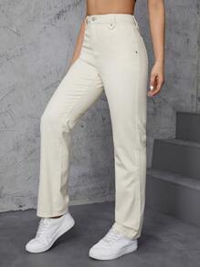 SHEIN EZwear Quần nữ Túi màu trơn Giải trí - Màu be - Xem 3