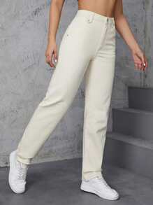 SHEIN EZwear Quần nữ Túi màu trơn Giải trí - Màu be - Xem 4