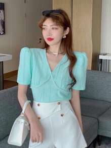 素色梨細節墊肩泡泡袖襯衫 - 薄荷綠 - 查看 1