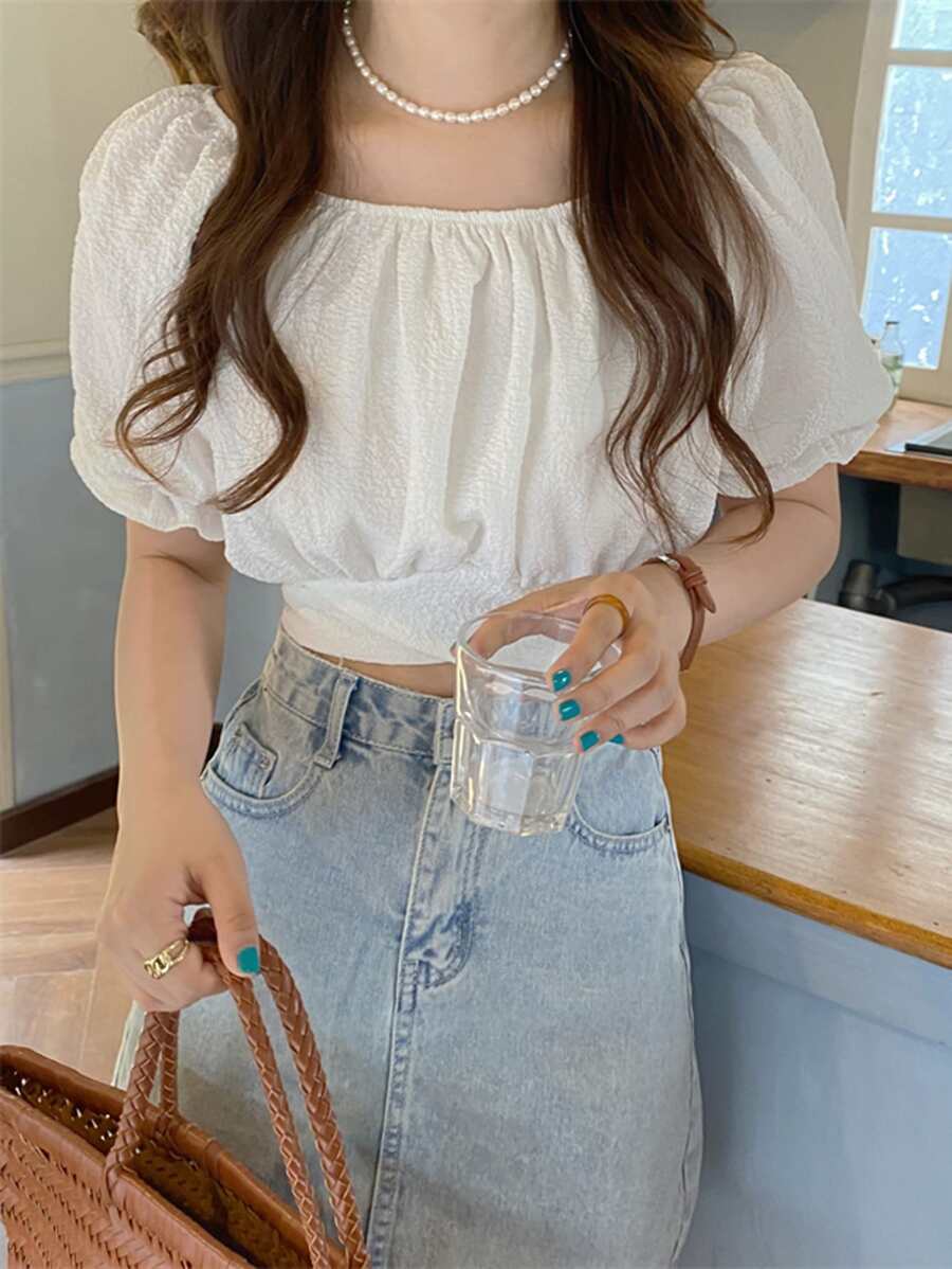 Solid Ruffle Trim Tie Back Crop Blouse - White - View 1