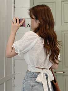 Solid Ruffle Trim Tie Back Crop Blouse - White - View 2