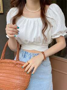 Solid Ruffle Trim Tie Back Crop Blouse - White - View 4