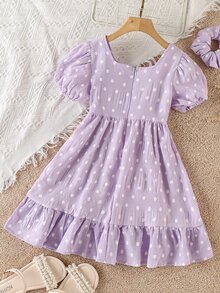 Girls Polka Dot Textured Puff Sleeve Ruffle Hem Dress With Hair Tie - Lilac Purple - View 2