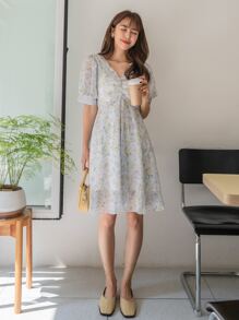 DAZY Floral Print Puff Sleeve A-line Dress - Multicolor - View 4