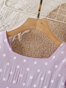 Girls Polka Dot Textured Puff Sleeve Ruffle Hem Dress With Hair Tie - Lilac Purple - View 3
