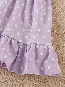 Girls Polka Dot Textured Puff Sleeve Ruffle Hem Dress With Hair Tie - Lilac Purple - View 4