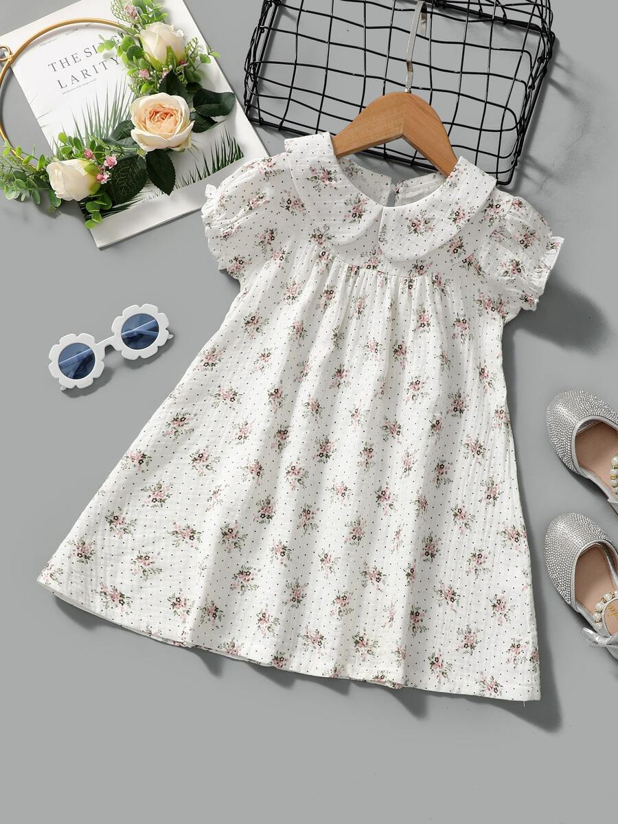 Đầm bé gái viền lá sen Hoa Chấm bi Dễ thương - trắng - Xem 1