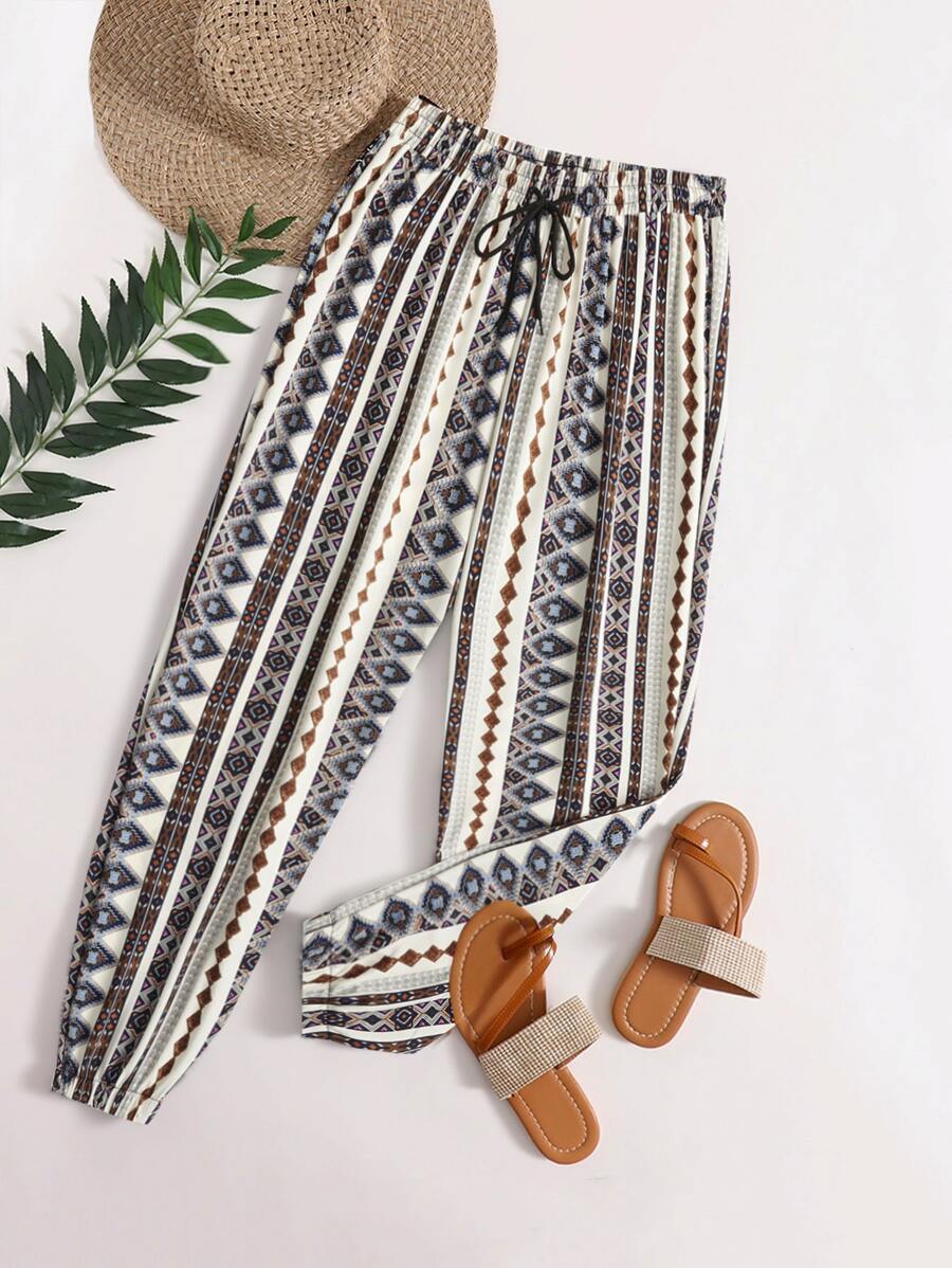 SHEIN LUNE 大碼幾何印花腰部抽繩長褲 - 彩色 - 查看 1